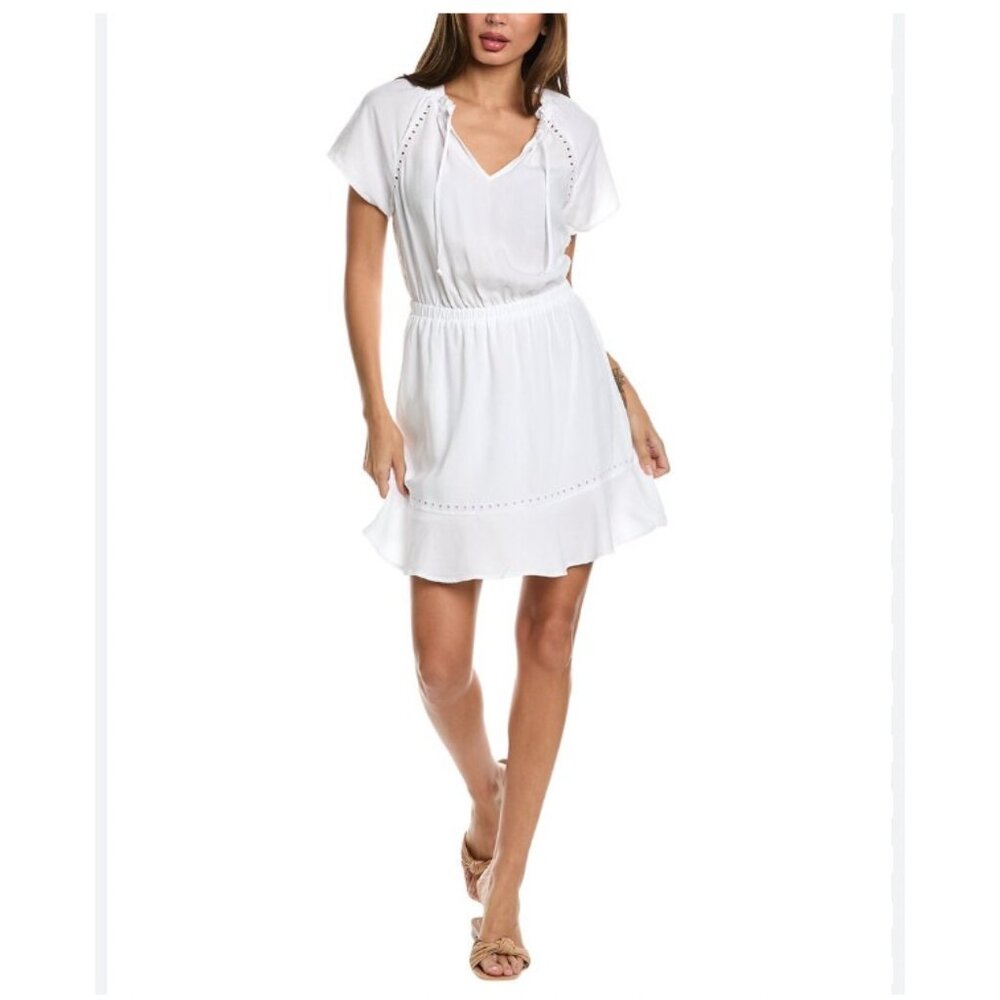 Bella Dahl Eyelet Dress Womens Medium White Short Sleeve V Neck Ruffle Hem